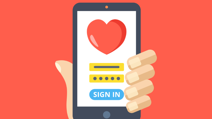  A hand holding a smartphone with a heart icon on the screen and 'Sign In' button below it, representing online dating.