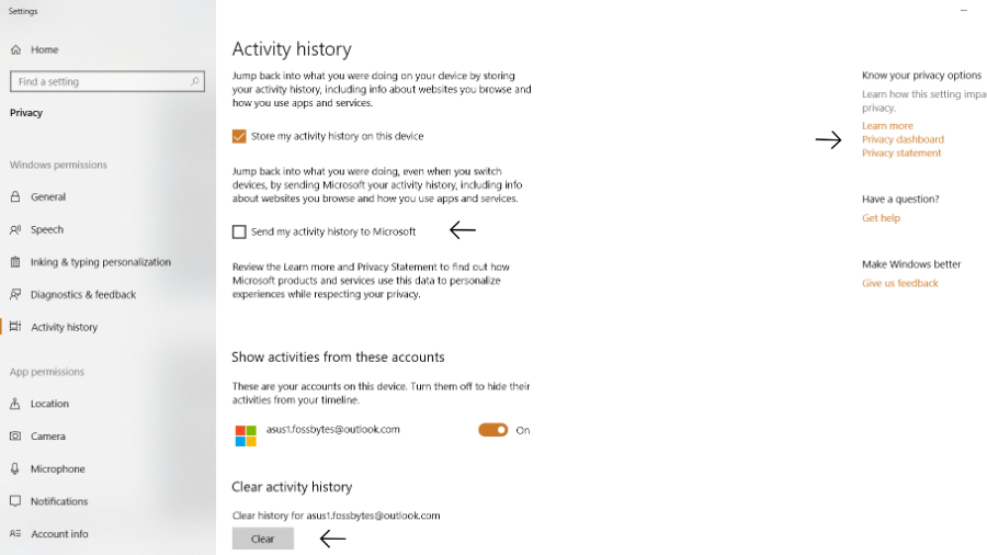 Activity History in Windows 10