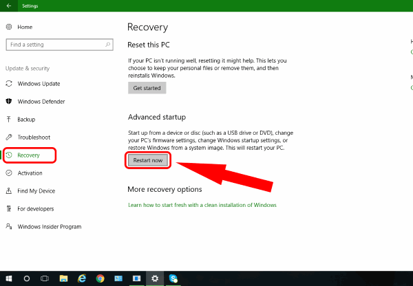Advanced Startup settings Windows 10