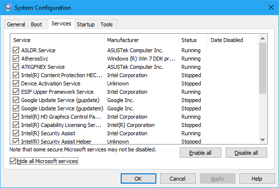 Disable Startup Services Windows 10 slow startup