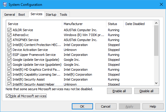 enable startup services windows 10