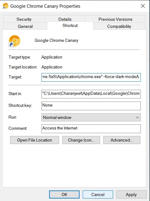 Chrome Canary properties