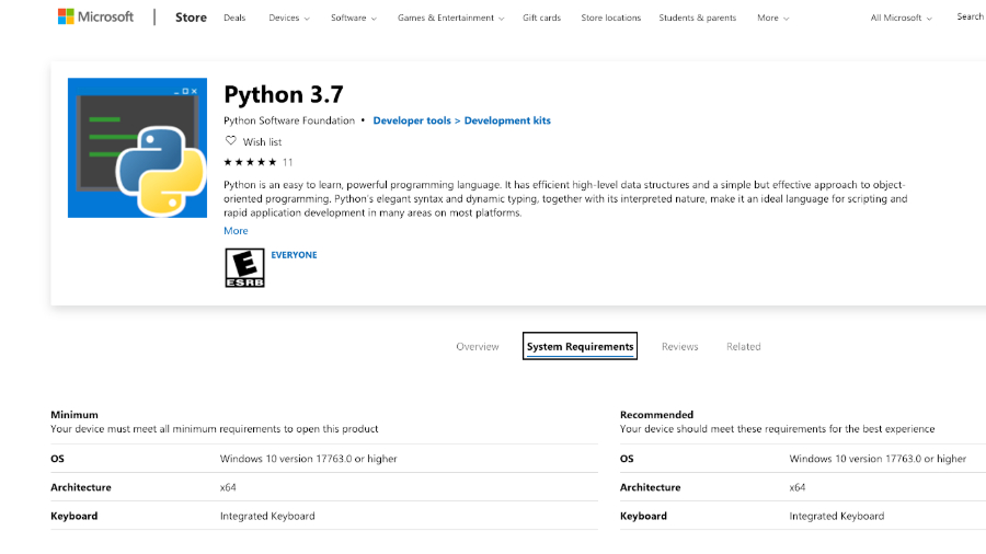 Python on microsoft store