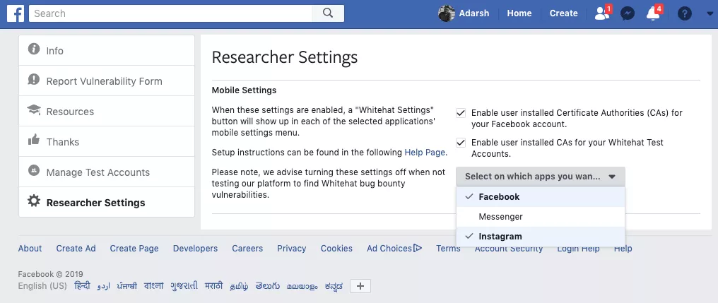 enabling whitehat settings on facebook web version