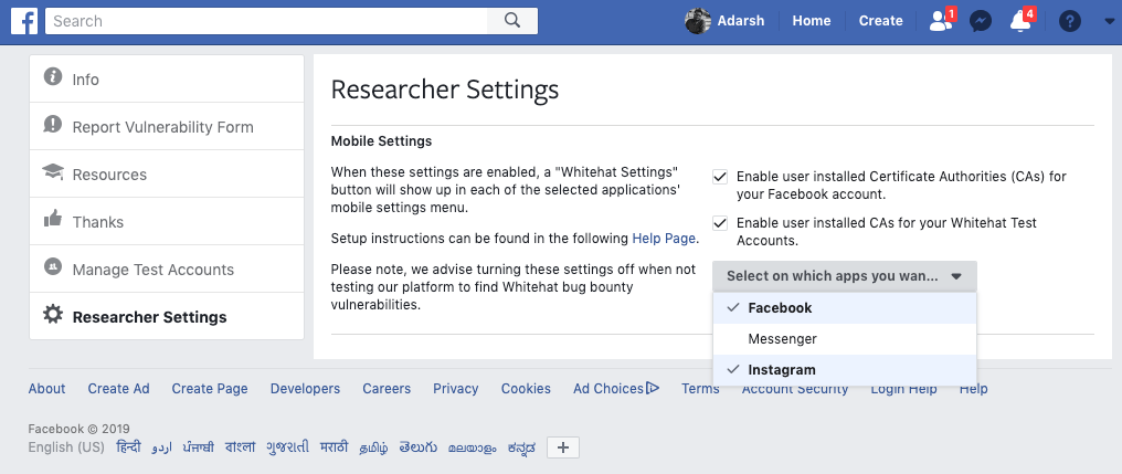 enabling whitehat settings on facebook web version