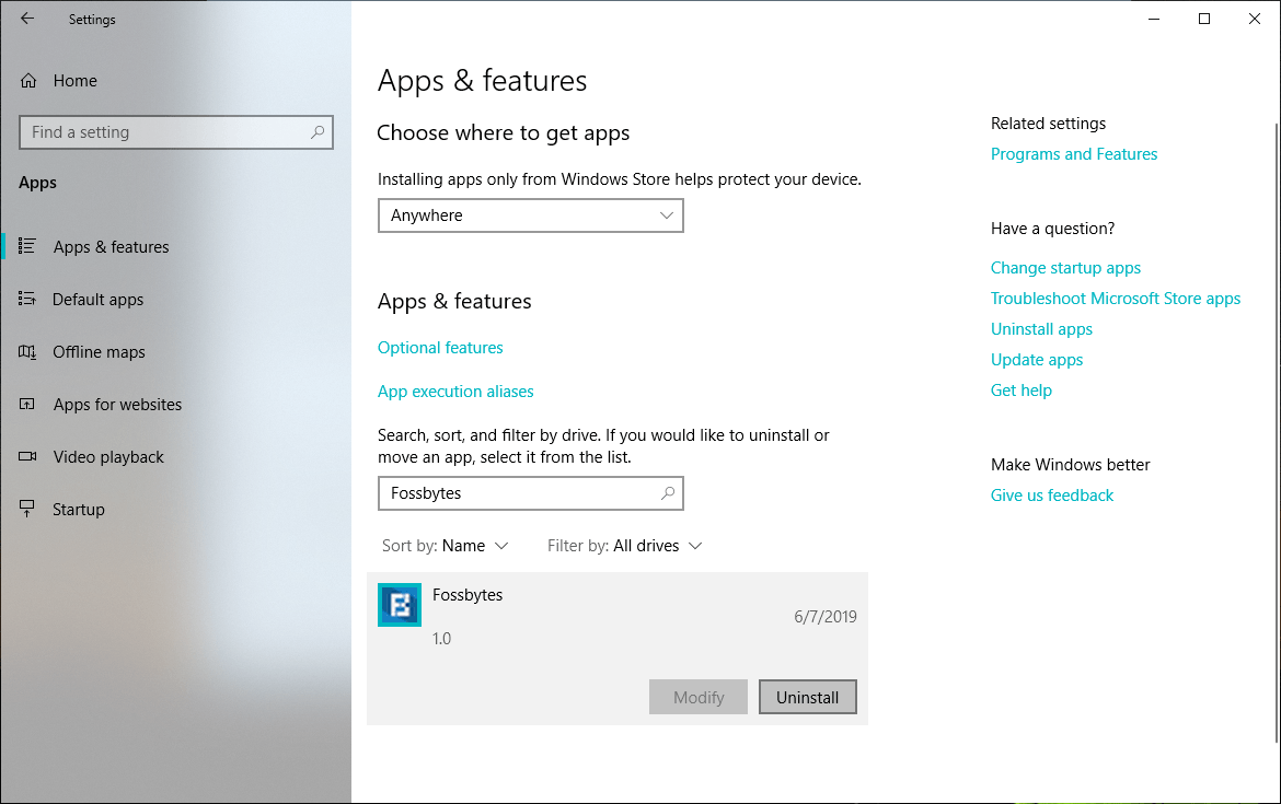 Windows 10 Remove PWA Settings App