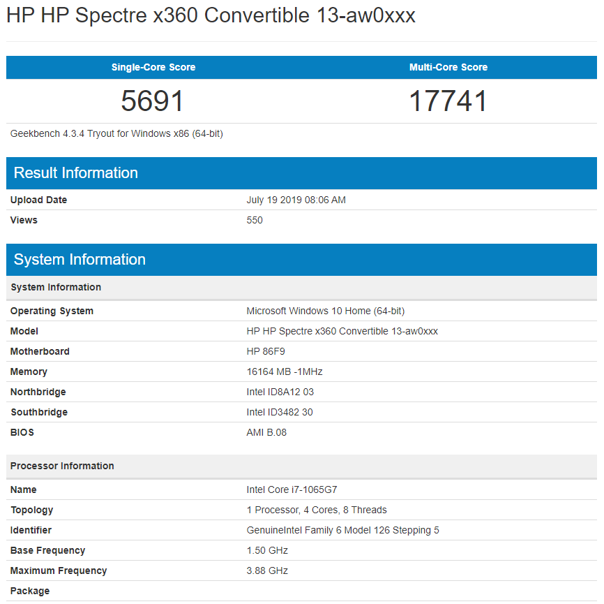 Geekbench Intel Core i7 ice lake benchmark
