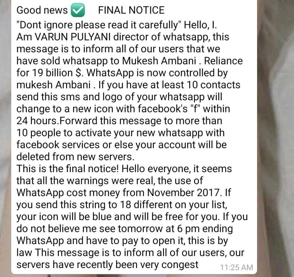 WhatsApp fake news message