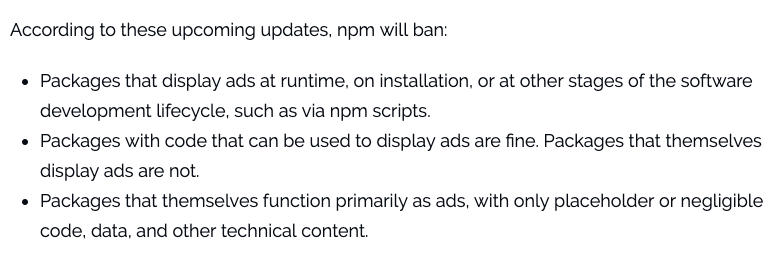 npm updates policies to ban terminal ads