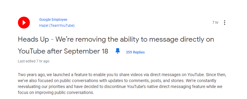 YouTube Direct Messaging shutting down