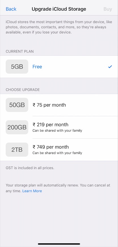 iCloud storage plans