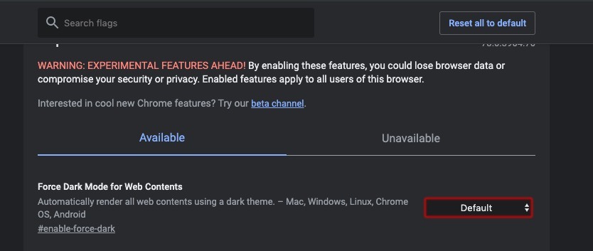 Enable Forced Dark Mode In Google Chrome