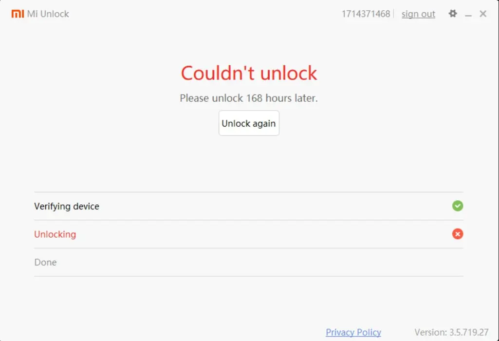 MI unlock error Please unlock 168 hours later