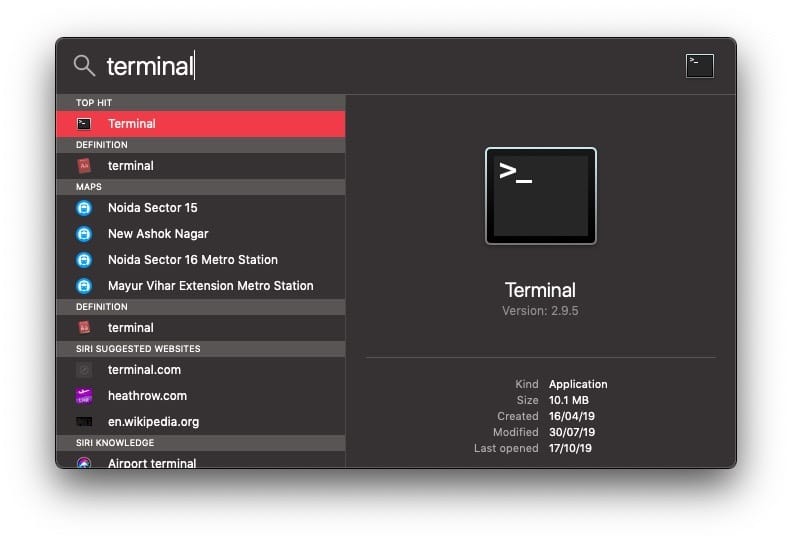 Abrir terminal en Mac desde Spotlight