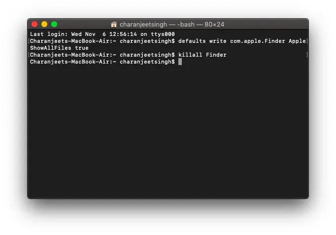 Show Mac Hidden files using terminal