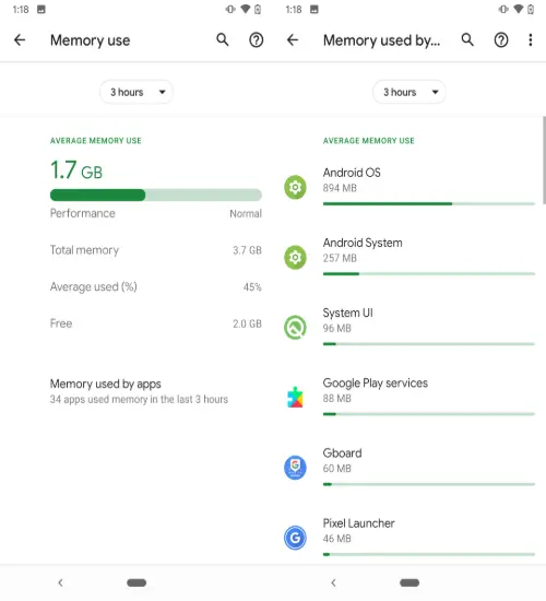 Memory Android developer settings