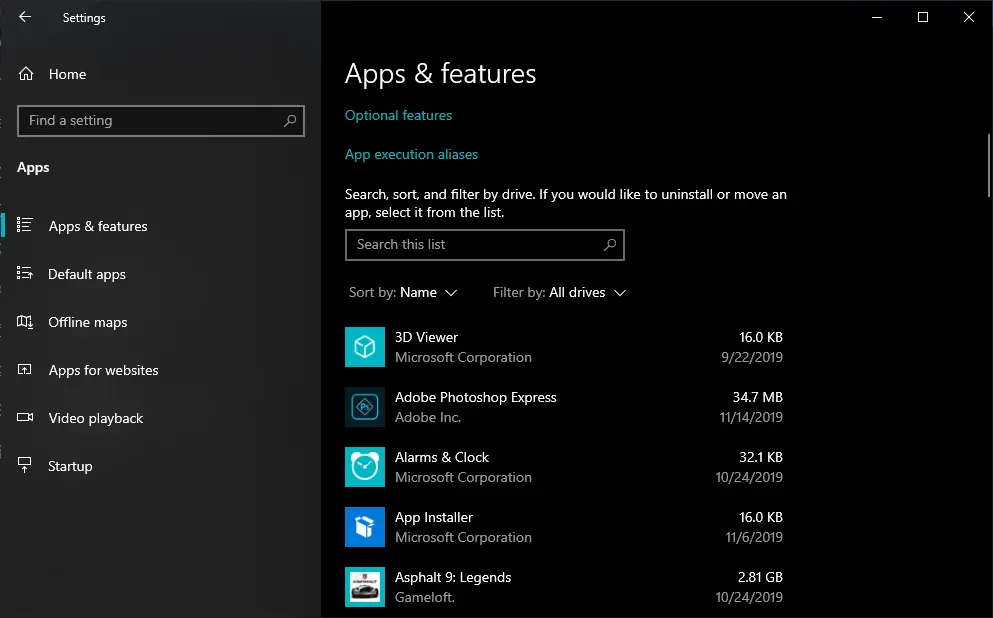 Windows Apps & Features Setting option