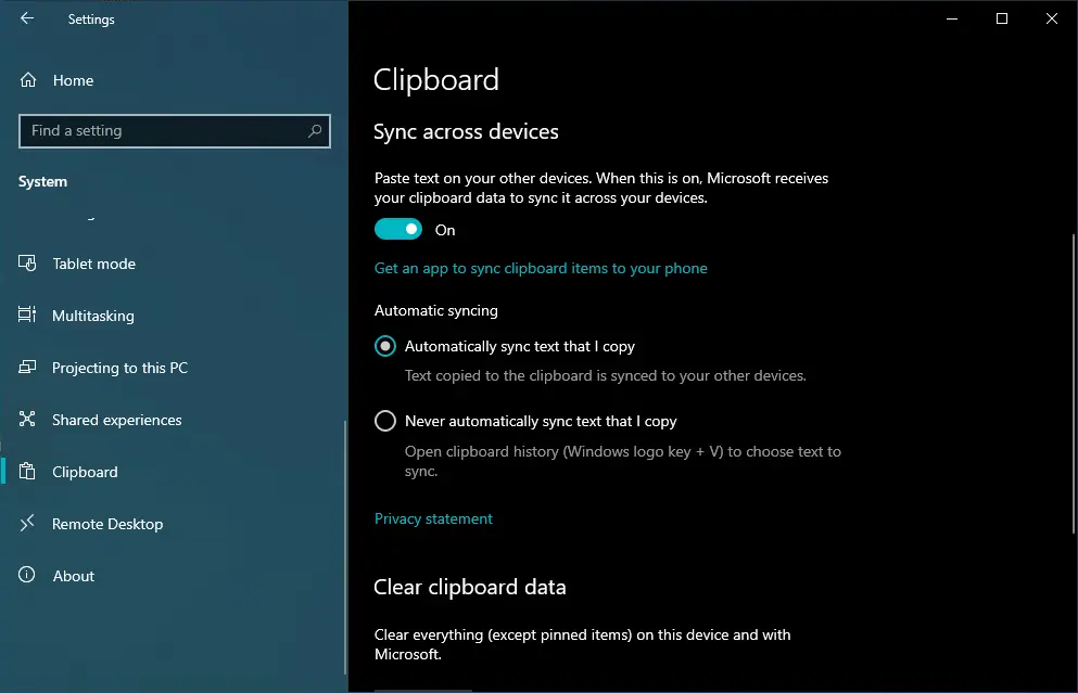 Sync Windows 10 Clipboard History Devices