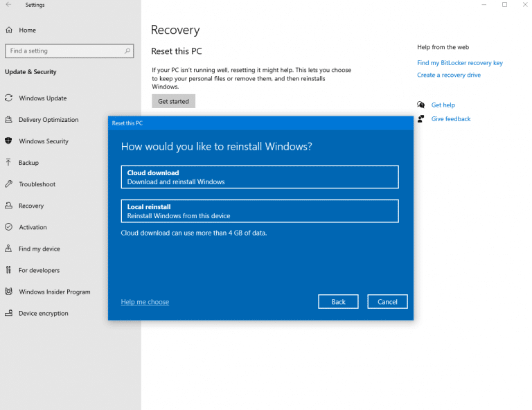 Windows 10 Cloud Download Option