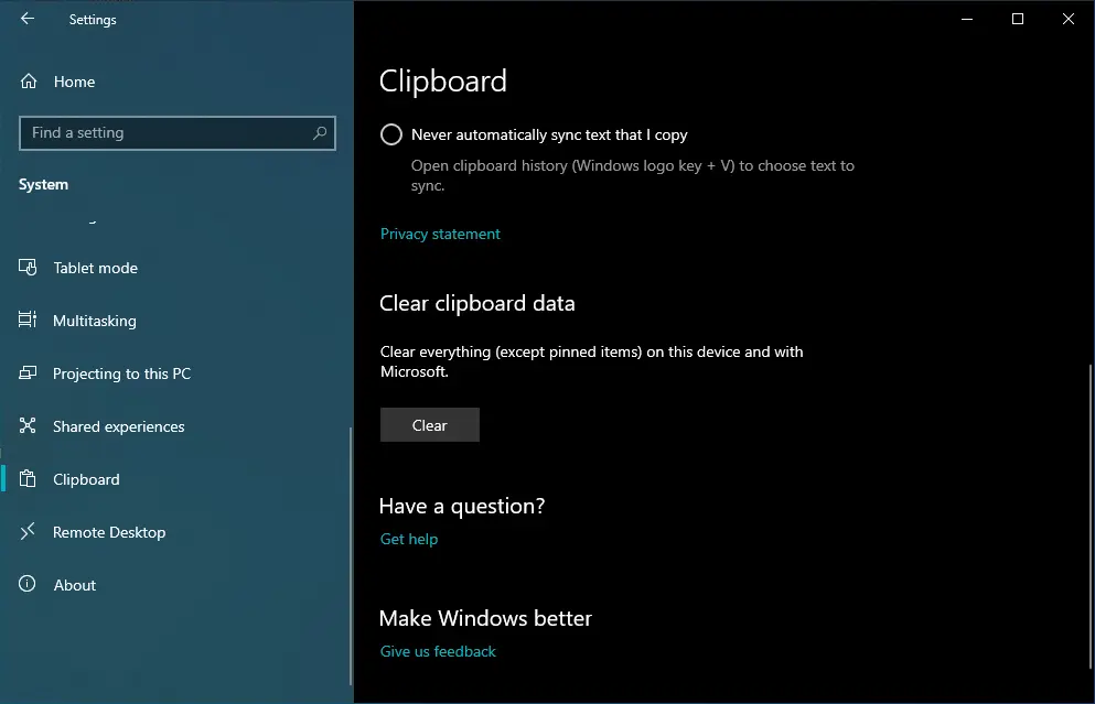 clear clipboard Windows 10