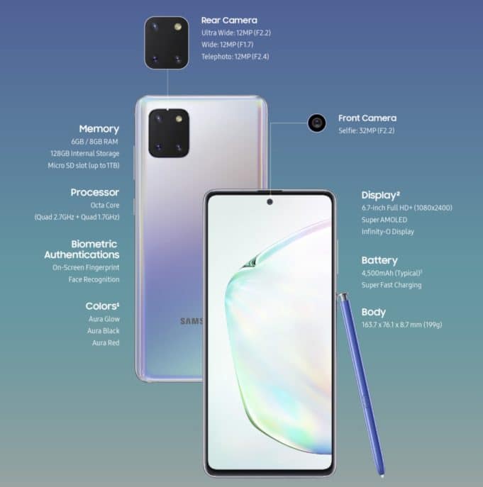 samsung s10 note lite specs