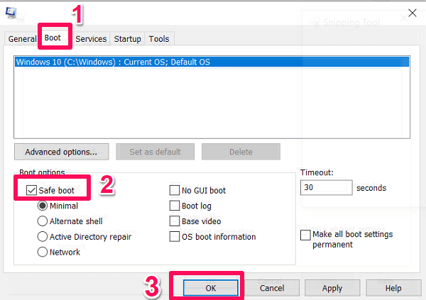 safe boot windows 10 using system configuration tool