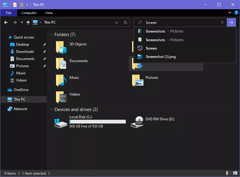 Windows 10 20H1 File Explorer Search Bar
