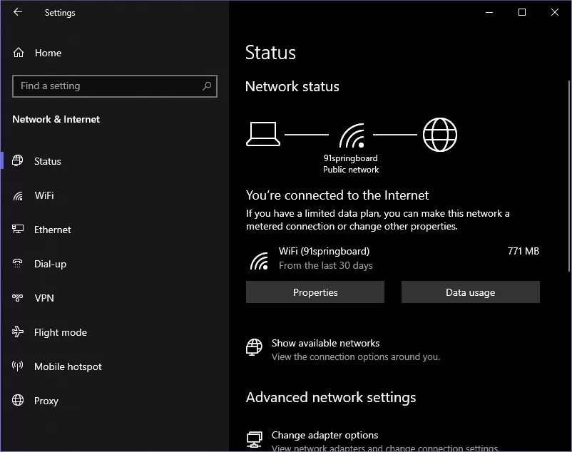 Windows 10 version 2004 Network Status Page