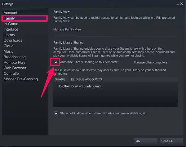 enable steam family sharing