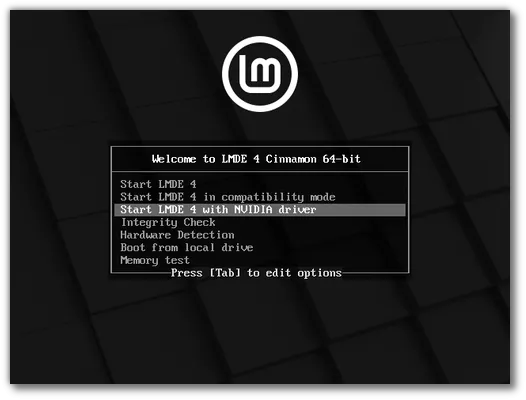 LMDE 4 with NVIDIA driver boot menu
