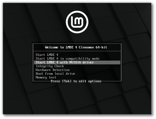 LMDE 4 with NVIDIA driver boot menu