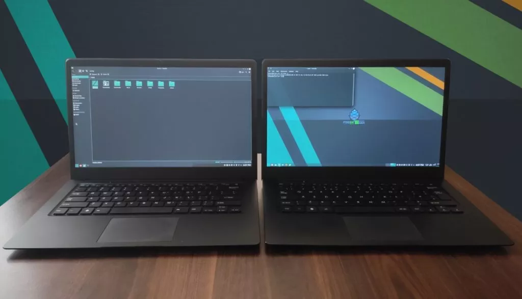 ANSI (left) and ISO (right) Pinebook Pros running Manjaro with KDE Plasma