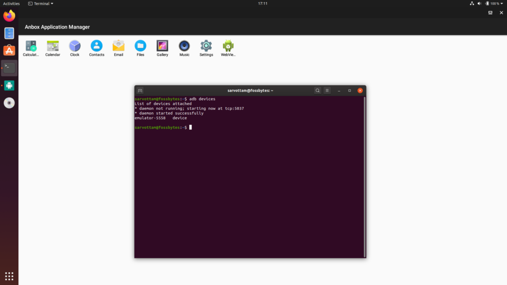 Anbox - running adb devices command - best android emulators for linux