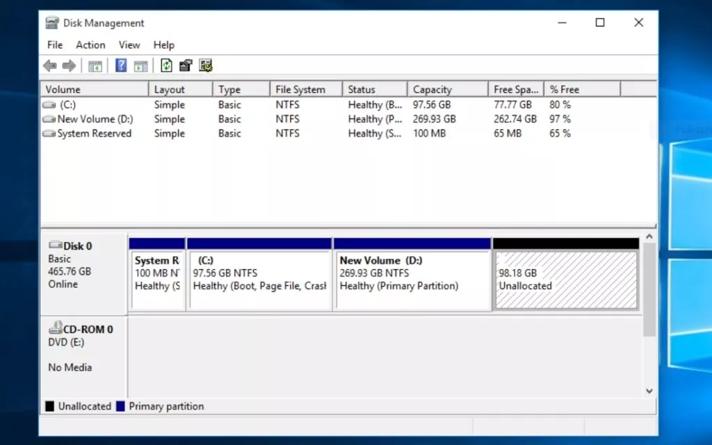 Creating A New Partition In Windows 10— New Unallocated Area Created