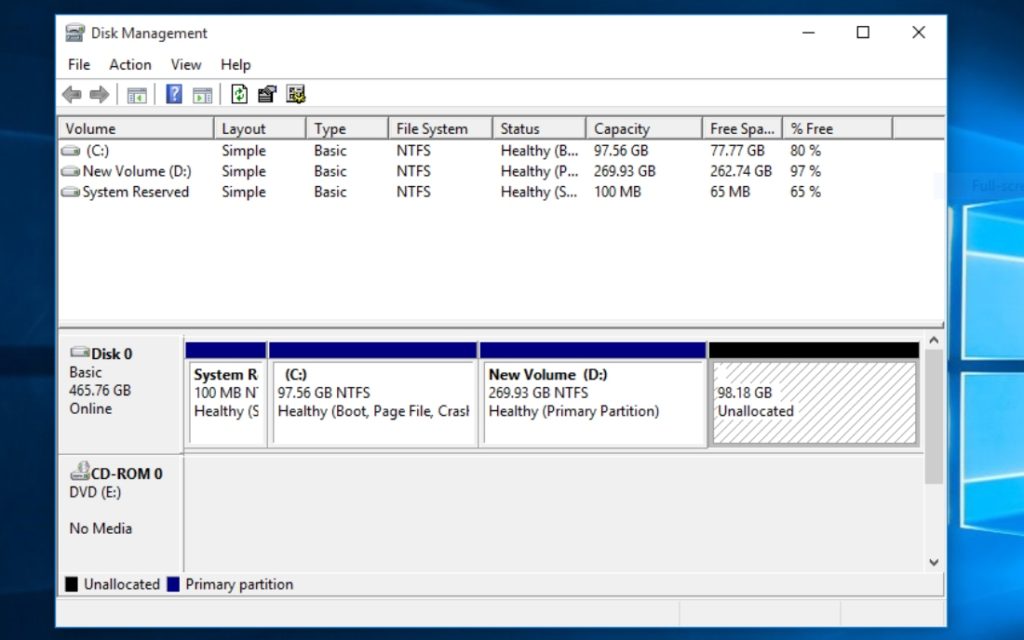 Creating A New Partition In Windows 10— New Unallocated Area Created