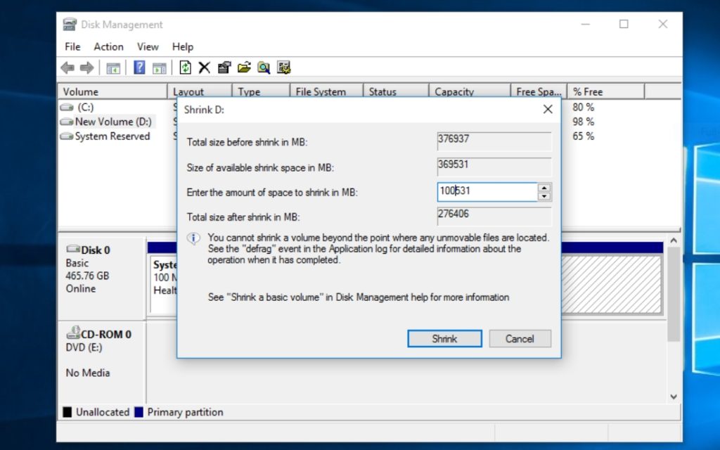 Creating A New Partition Volume in Windows 10 — Enter Partition Size