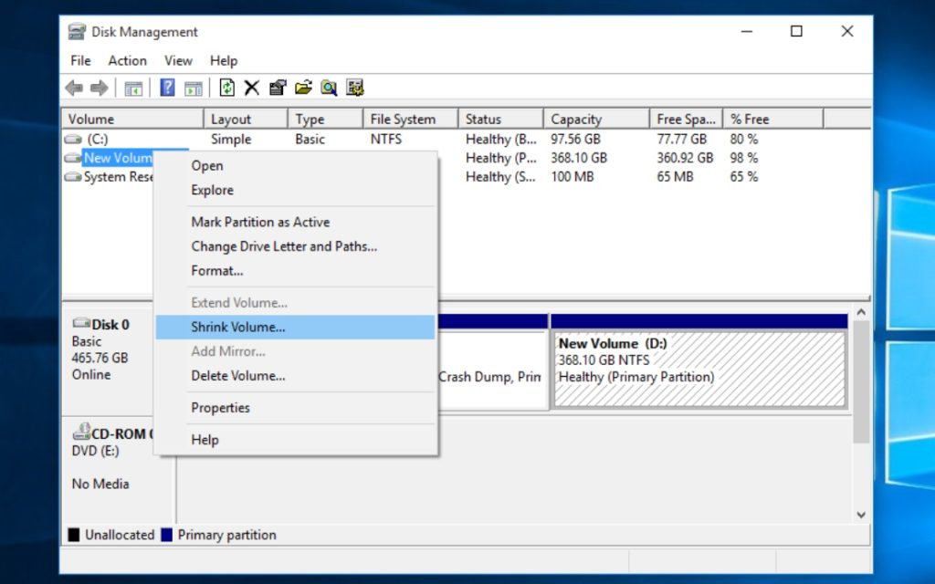 Creating A New Partition in Windows 10 — Select Volume To Create New Volume