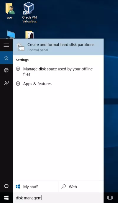 Creating a new partition in Windows 10 — Search Disk Management