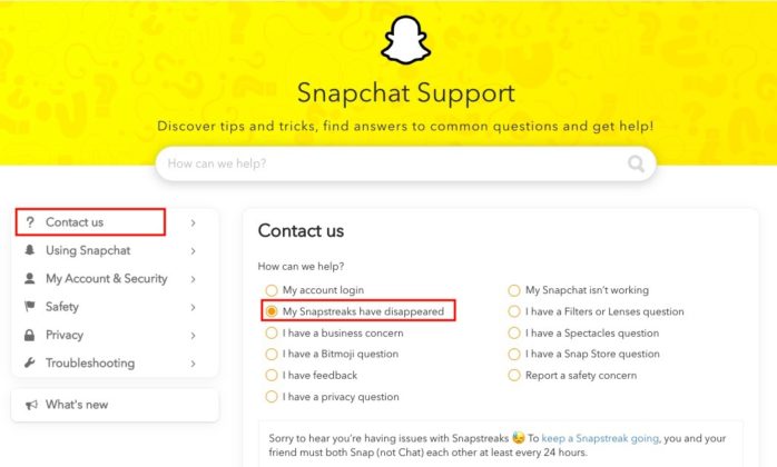 call snapchat support