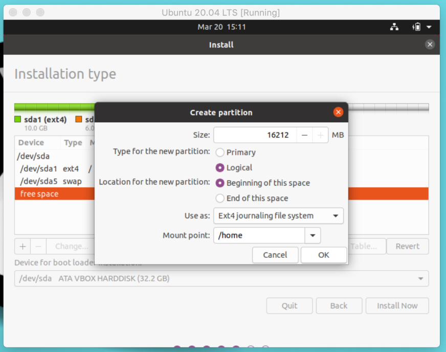 Ubuntu 20.04 LTS Installer — Create Home Partition