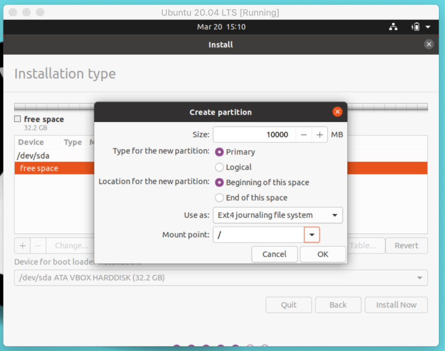 Ubuntu 20.04 LTS Installer — Create Root Partition