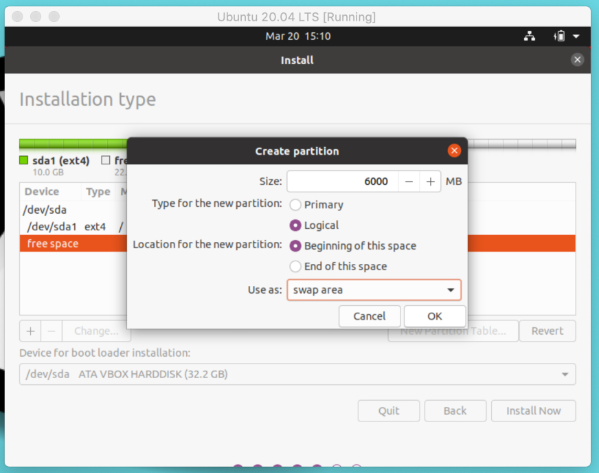 Ubuntu 20.04 LTS Installer — Create Swap Area