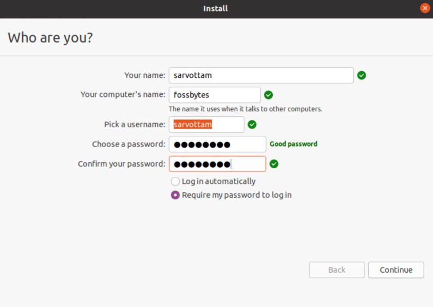 Ubuntu 20.04 LTS Installer — Set Username Password
