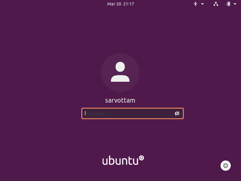 Ubuntu 20.04 LTS Login screen