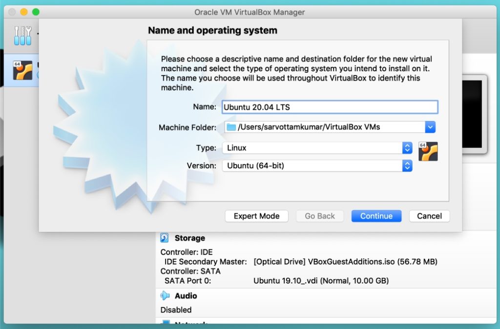 VirtualBox - Set the name, type and version of the operating system