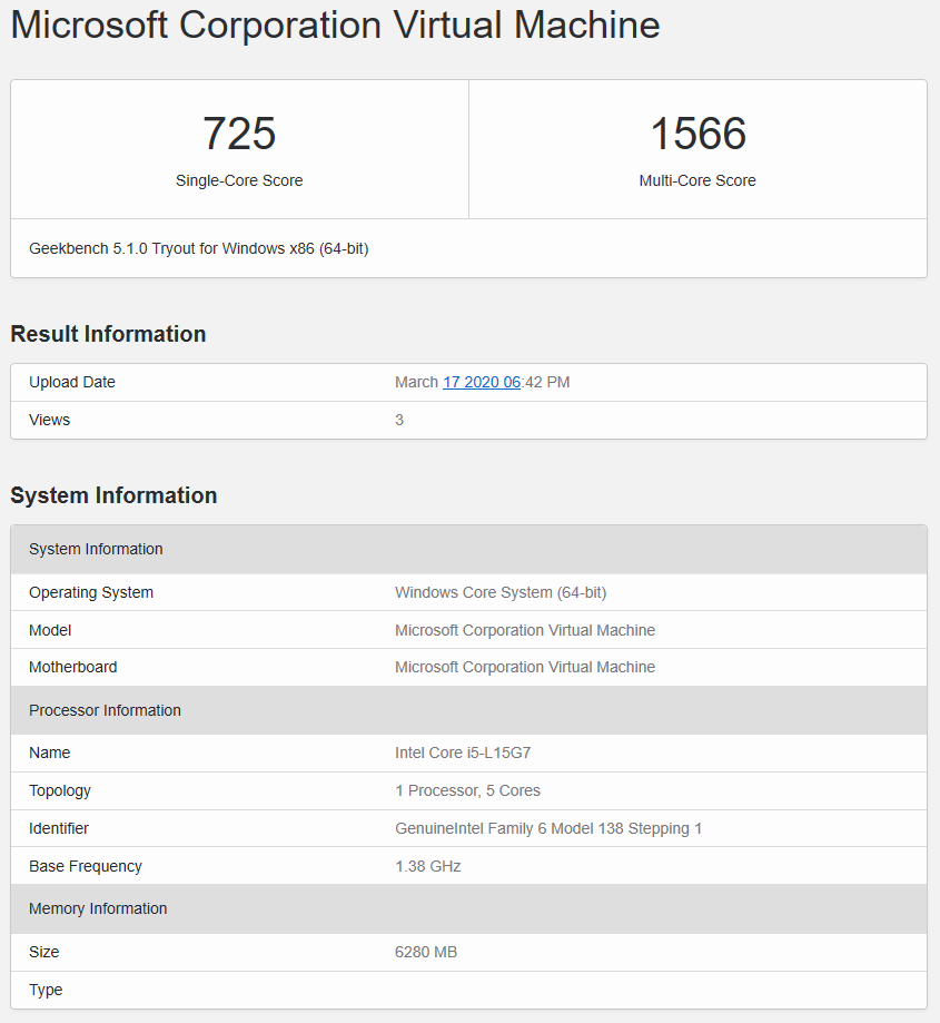 Windows Core OS Geekbench results