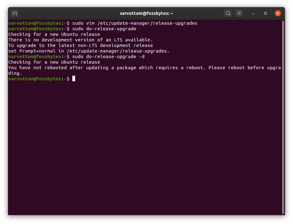 Обновление Ubuntu из командной строки - перезагрузите компьютер перед началом обновления