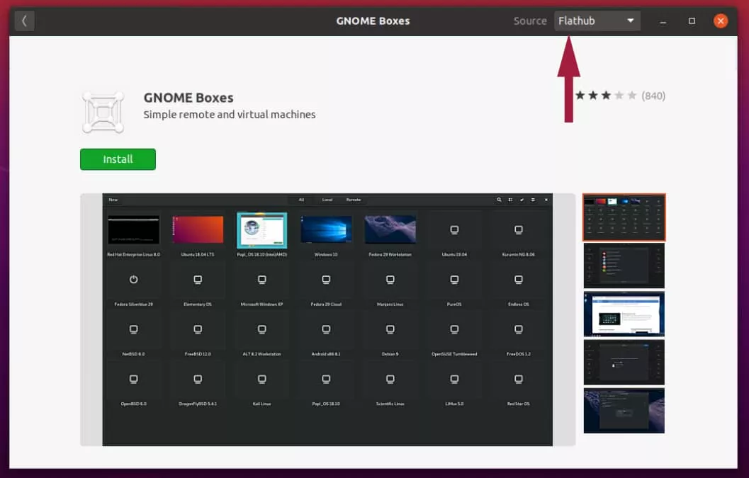 Flatpak app in GNOME software center with source label to Flathub