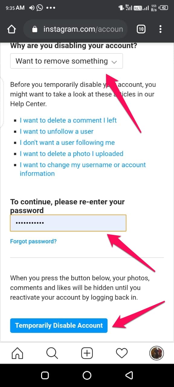 How to temporarily disable instagram account