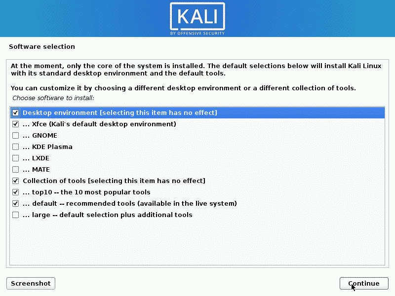 Kali Linux 2020.2 — Software and desktop selection dialog box